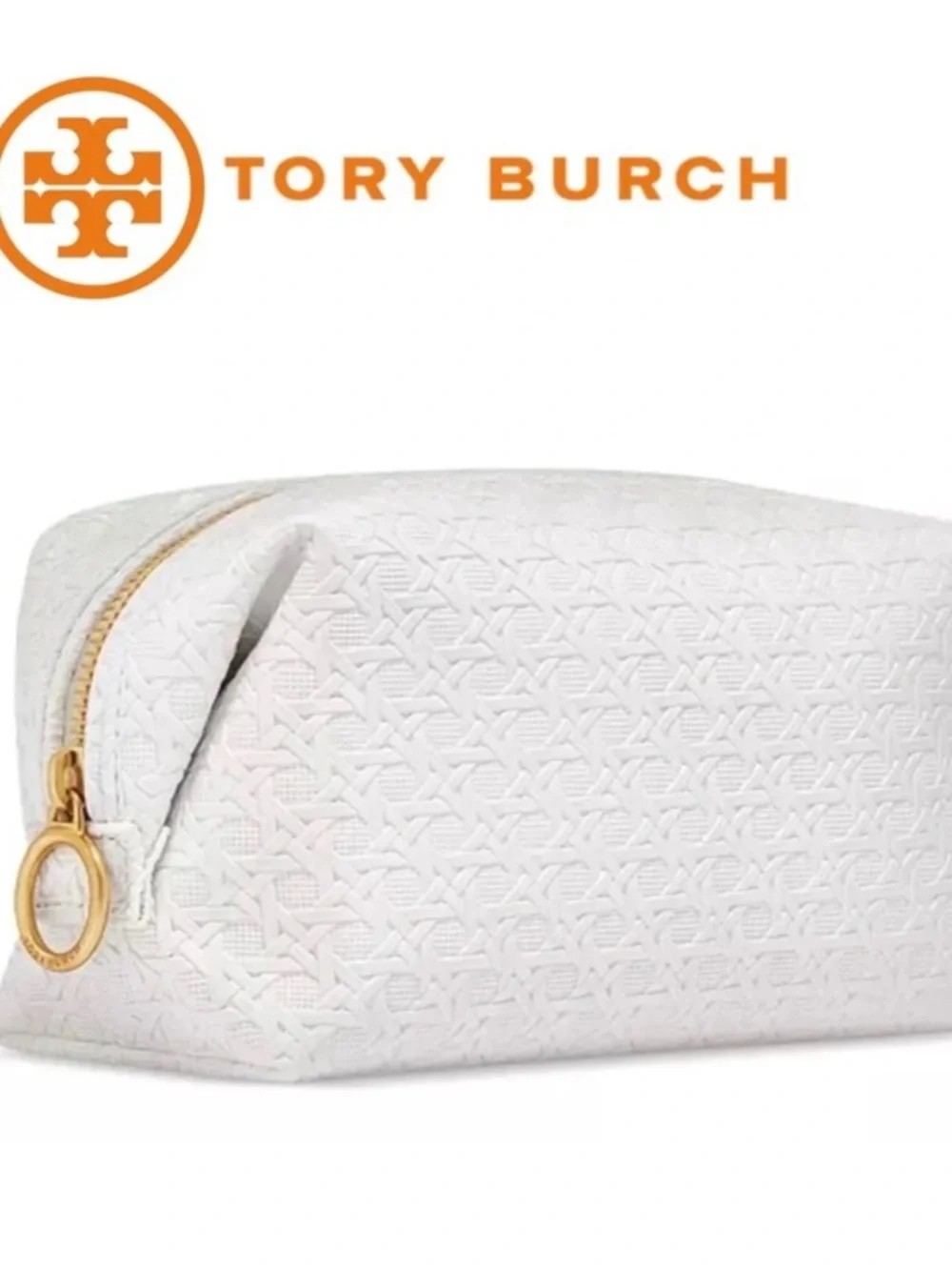 Tory Burch Woven Textured White Faux Leather Cosmetics/Toiletries Zip Pouch Bag